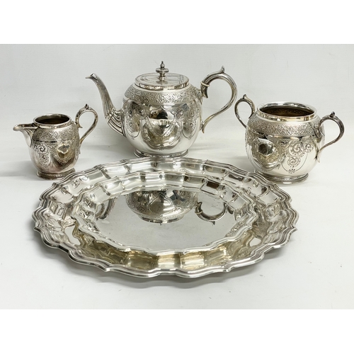 718 - A 3 piece late Victorian silver plated tea service with 2 silver plated trays.