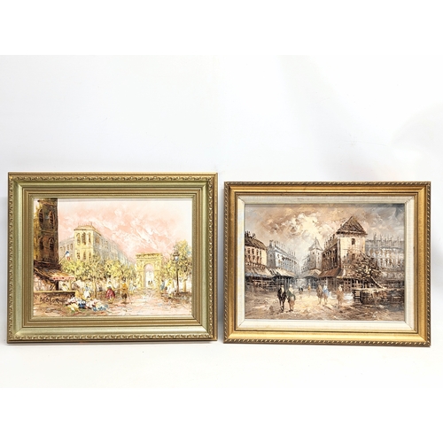 389G - 2 framed oil paintings of street scenes. Largest measures  52.5x42.5cm with frame.