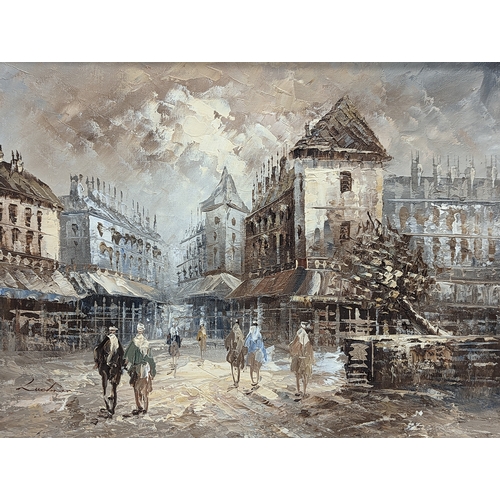 389G - 2 framed oil paintings of street scenes. Largest measures  52.5x42.5cm with frame.