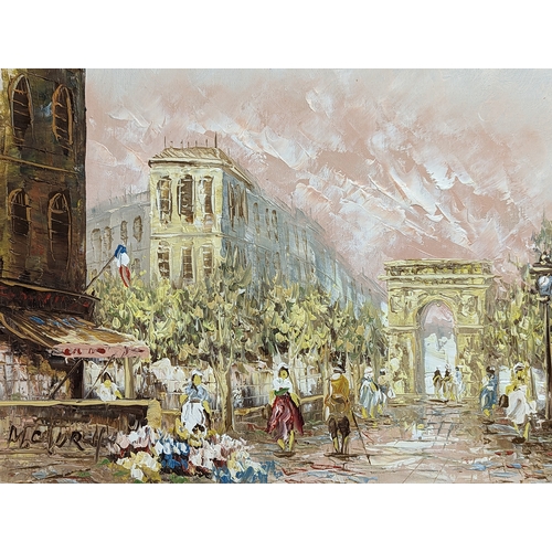 389G - 2 framed oil paintings of street scenes. Largest measures  52.5x42.5cm with frame.