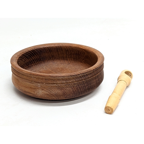 715 - A vintage oak and copper bound drinking set including goblets, jug and tray. Engraved in Latin 