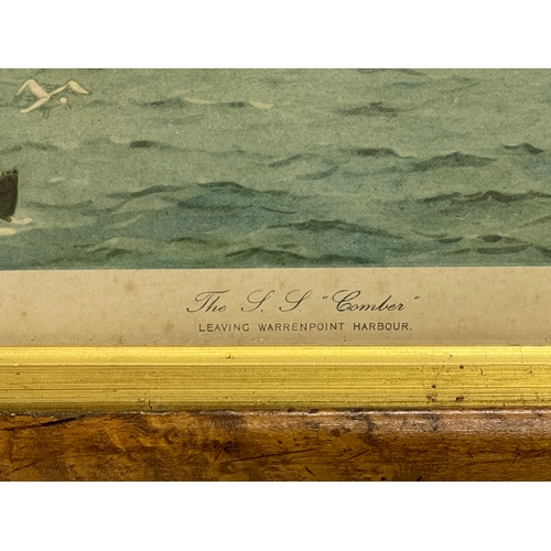 184N - A vintage print by J. W. Carey of ‘The SS Comber’ Leaving Warrenpoint Harbour, in a Birdseye Maple f... 