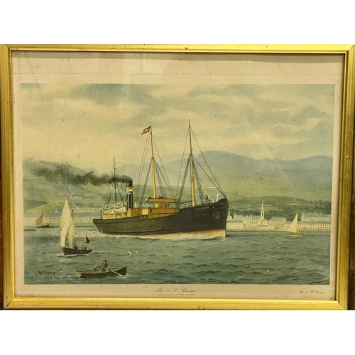 184N - A vintage print by J. W. Carey of ‘The SS Comber’ Leaving Warrenpoint Harbour, in a Birdseye Maple f... 