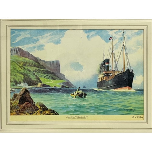 184P - A vintage print by J. W. Carey of ‘The  SS Cushendall’ Passing Fair Head Murlough Bay. 61x49cm