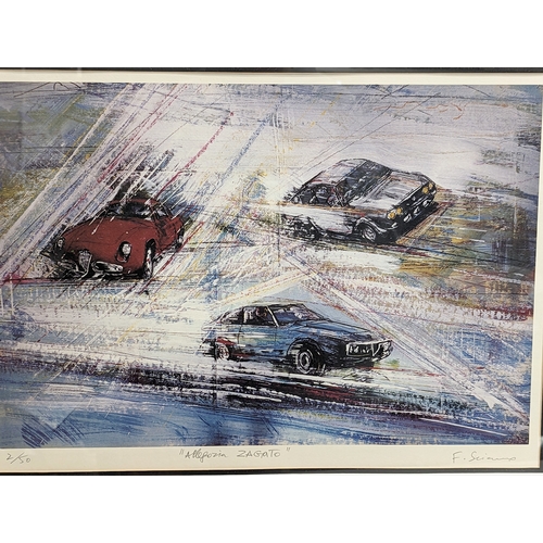 379Q - 3 signed prints of car / racing car theme.