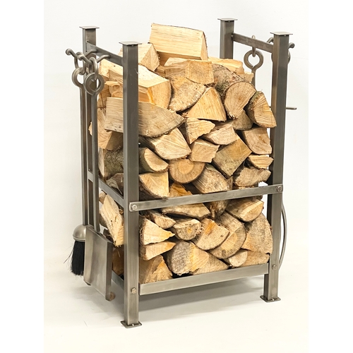 280T - A large heavy chrome log basket with fire stools. 51x30.5x61cm