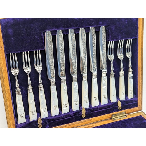 598A - Solid Sterling silver engraved set of 24 dessert forks and knives with Mother Of Pearl handles. Hall... 