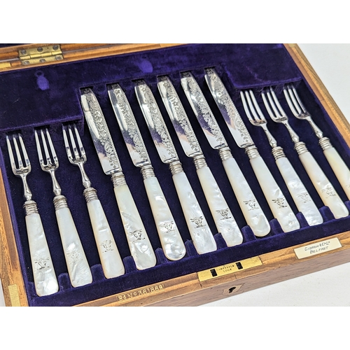 598A - Solid Sterling silver engraved set of 24 dessert forks and knives with Mother Of Pearl handles. Hall... 