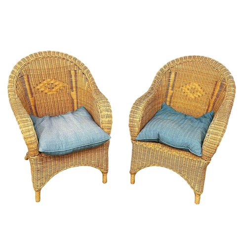 196M - A pair of Edwardian style wicker armchairs with glass top table. Chairs measure 68x60x89cm