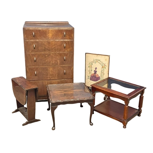 247E - A sundry lot of furniture. A tall vintage chest of drawers 75.5c51x125cm, a mahogany glass top occas... 