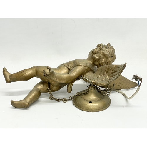 7 - A 3 piece early 20th century cherub spelter light fitting. Circa 1900-1910. Largest piece 50x41cm