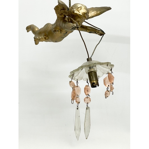 7 - A 3 piece early 20th century cherub spelter light fitting. Circa 1900-1910. Largest piece 50x41cm