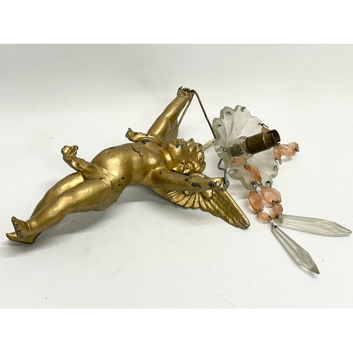 7 - A 3 piece early 20th century cherub spelter light fitting. Circa 1900-1910. Largest piece 50x41cm