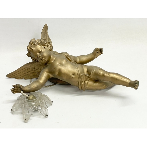 7 - A 3 piece early 20th century cherub spelter light fitting. Circa 1900-1910. Largest piece 50x41cm