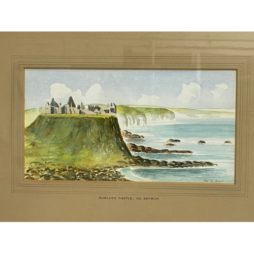 578 - A watercolour painting by T W. Irwin. Dunluce Castle, County Antrim. Painting 27x14.5cm. Frame 45x32... 