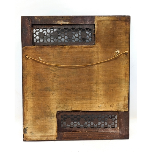 141 - A late 19th / early 20th century Japanese linen and carved wooden frame. 33x38cm