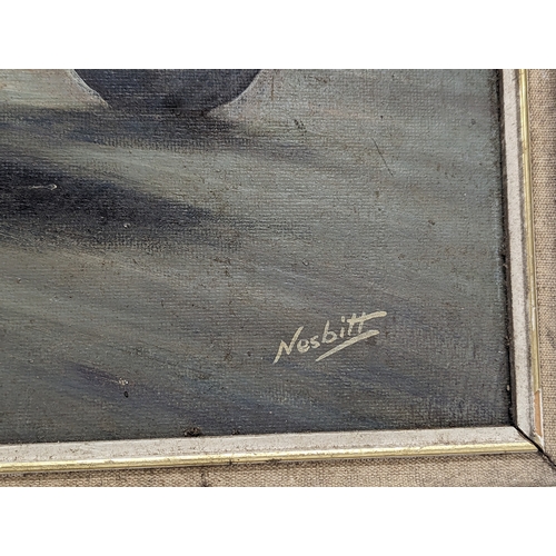 571 - A racing car oil painting signed Nesbitt. 66.5x46cm with frame.