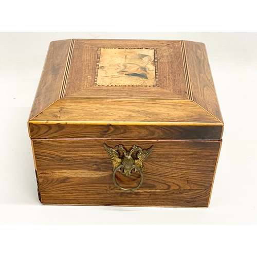 19 - A Regency inlaid rosewood jewellery box with original leather panel. 23x18.5x11cm