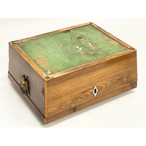 19 - A Regency inlaid rosewood jewellery box with original leather panel. 23x18.5x11cm