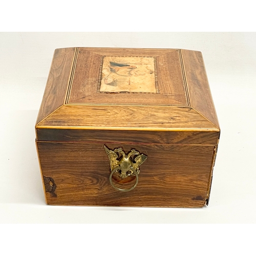 19 - A Regency inlaid rosewood jewellery box with original leather panel. 23x18.5x11cm