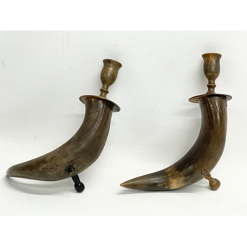 642 - A pair of late 19th century tusk candlesticks with horn tops.