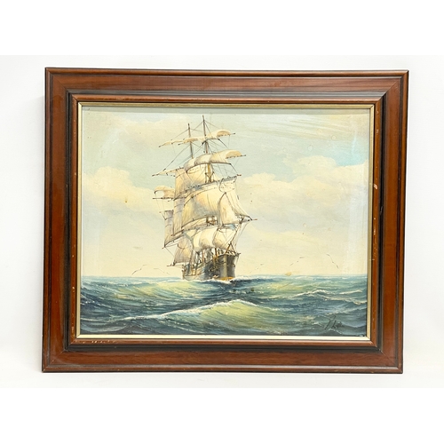 592 - A signed oil painting of a ship. Painting measures 50x40cm. Frame 63x53cm