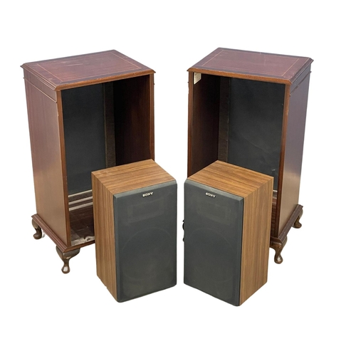 204 - A pair of large inlaid mahogany Charles Sheraton speaker stands with Sony speakers. 46x36x82.5cm