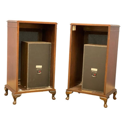 204 - A pair of large inlaid mahogany Charles Sheraton speaker stands with Sony speakers. 46x36x82.5cm