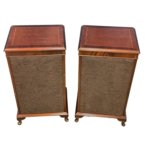 204 - A pair of large inlaid mahogany Charles Sheraton speaker stands with Sony speakers. 46x36x82.5cm