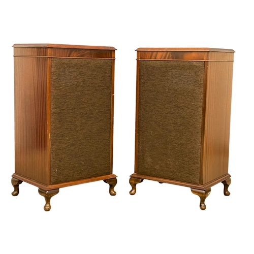 204 - A pair of large inlaid mahogany Charles Sheraton speaker stands with Sony speakers. 46x36x82.5cm