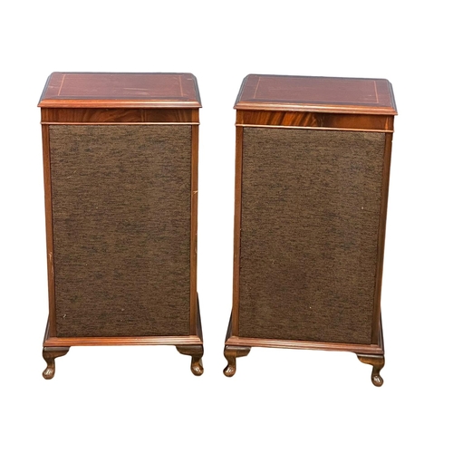 204 - A pair of large inlaid mahogany Charles Sheraton speaker stands with Sony speakers. 46x36x82.5cm