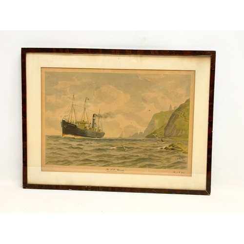 1063 - An early 20th century J.W. Carey ARUA print of The SS Carnalea. titled ‘Passing , Blackhead Lighthou... 