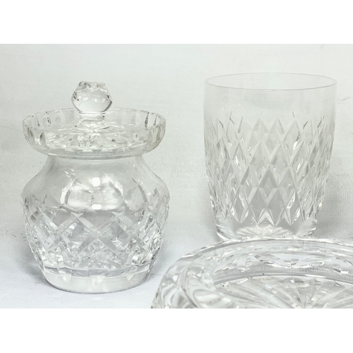 602 - 5 pieces of Waterford Crystal. Including an ashtray 13cm, a ‘Lismore’ pattern honey pot, a pair of ‘... 