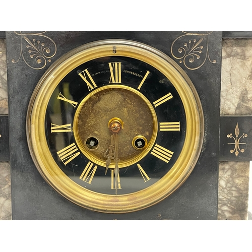 74 - A large Victorian slate and marble mantle clock with pendulum. Londonderry maker. 31.5x16x32cm