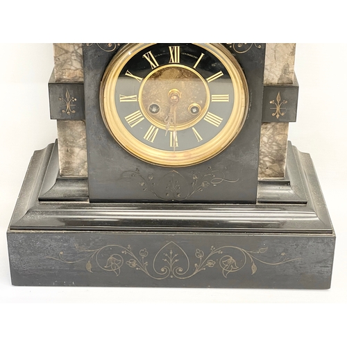 74 - A large Victorian slate and marble mantle clock with pendulum. Londonderry maker. 31.5x16x32cm