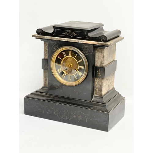 74 - A large Victorian slate and marble mantle clock with pendulum. Londonderry maker. 31.5x16x32cm