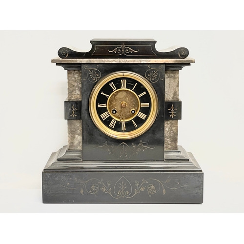 74 - A large Victorian slate and marble mantle clock with pendulum. Londonderry maker. 31.5x16x32cm