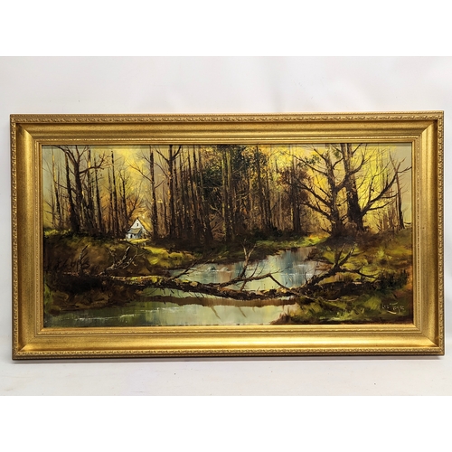 13 - A large oil painting by Leo Toye. 105x59.5cm with frame 89.5x44.5cm without frame.