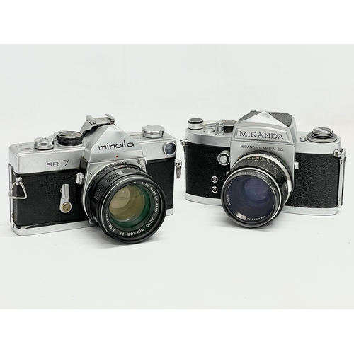 408 - 2 vintage cameras. A Minolta SR-7 camera and a Miranda Camera Company camera.