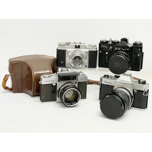 417 - 4 vintage cameras. A Topcon Unirex camera. A Topcon Wink S Mirror camera. A Zenit TTL camera and an ... 