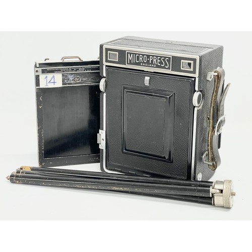 444 - A Micro-Precision Products Micro-Press folding plate camera on stand.