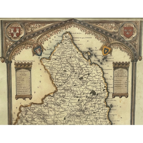 134 - A vintage reframed map of Northumberland. 44.5x54.5cm.