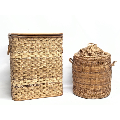 14 - 2 1970s Mid Century wicker 2 handled hampers. Largest measures 48x59cm