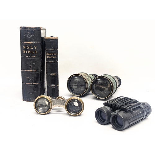 326 - A sundry lot including vintage opera glasses, field glasses, leather bound Bible, etc.