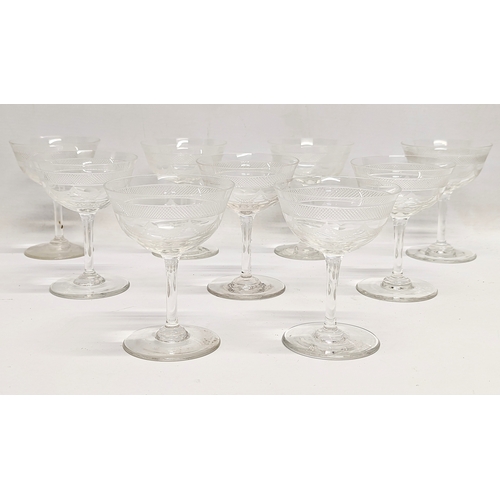 670 - A set 9 early 20th century etched drinking glasses. 11.5cm