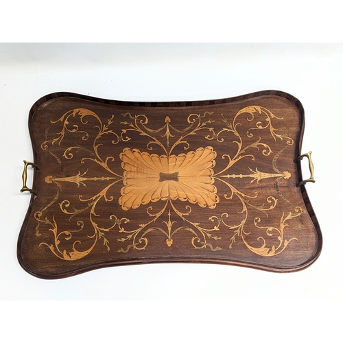 649 - A large Edwardian inlaid mahogany serving tray with brass handles. 68x46cm