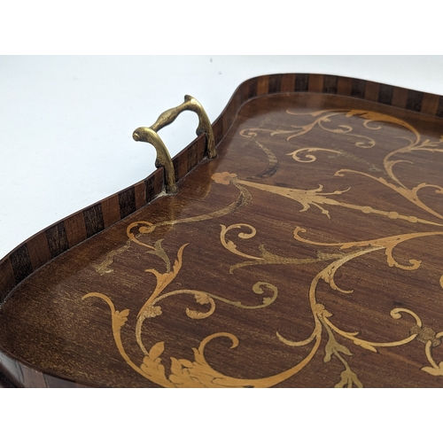 649 - A large Edwardian inlaid mahogany serving tray with brass handles. 68x46cm