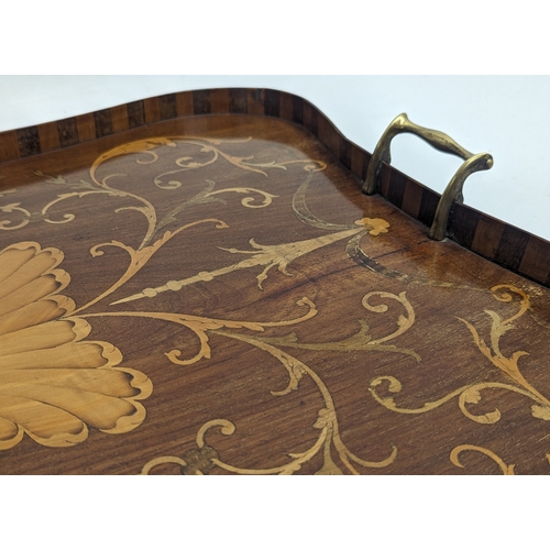 649 - A large Edwardian inlaid mahogany serving tray with brass handles. 68x46cm