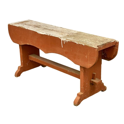 521S - A long vintage pine work stool. 109x38x48cm