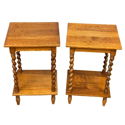 118 - A pair of vintage oak Barley Twist 2 tier side tables. 42x38x68cm